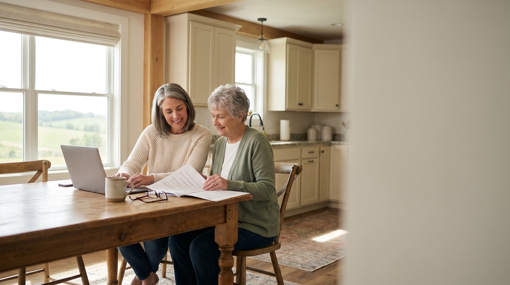 An adult daughter and her senior mother review assisted living costs together at a kitchen table with a laptop and paperwork.